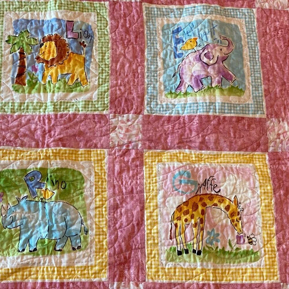 Vintage Handmade Baby Quilt Blanket Animal & Letter Squares Multipurpose 31x39